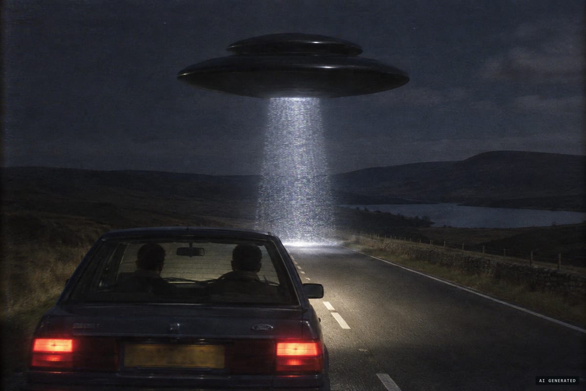 A70 near Harperrig Reservoir, Scotland, 17 August 1992: Garry Wood and Colin Wright reported a black two-tiered disc hovering over the road and dropping a curtain of white light in front of their car just before more than an hour went missing.