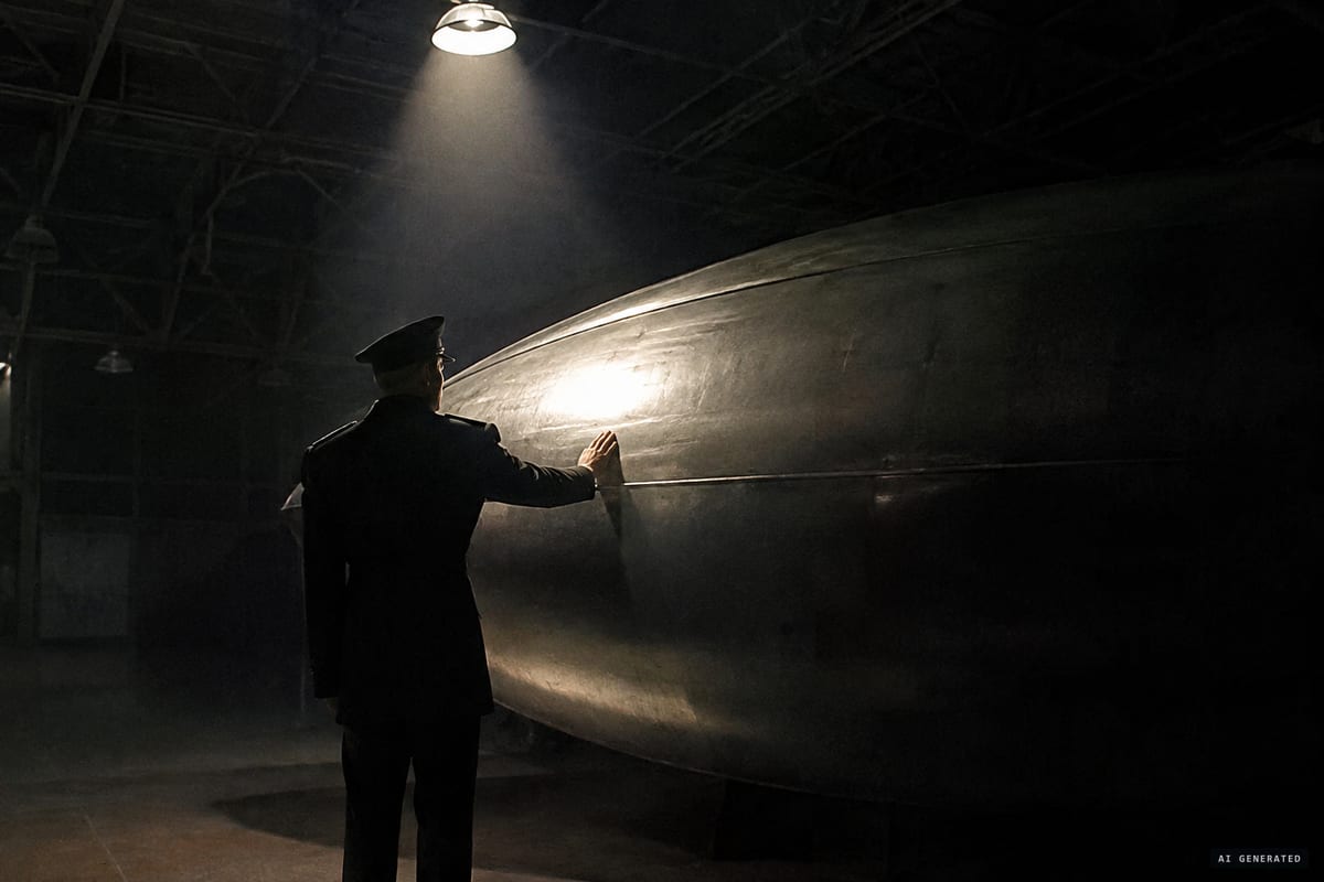 An alleged pre-1970 moment described to AARO investigators: a senior US officer touching the surface of a recovered craft. The 2024 report found no evidence that it happened.
