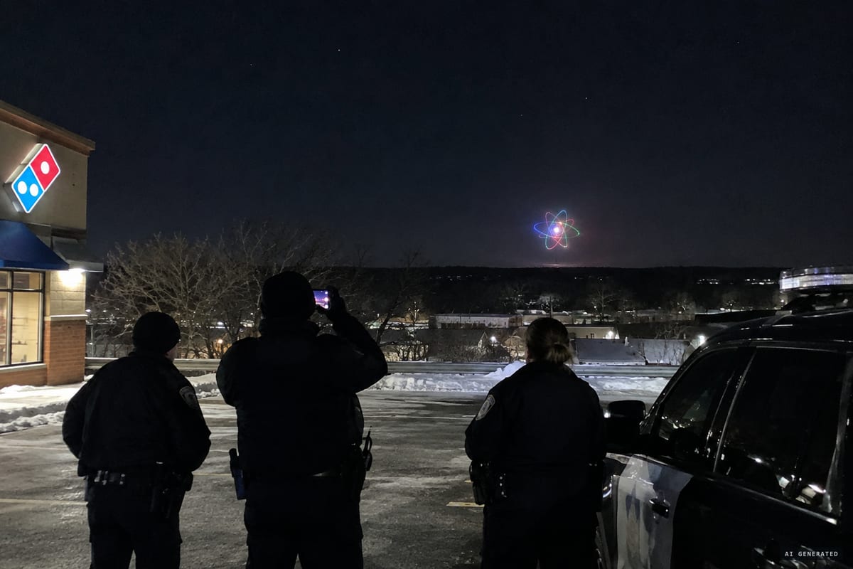 Anoka, Minnesota, 19 February 2025, 1:17 a.m.: police employees watch a distant multicoloured sphere with six lit 'hula-hoop' rings hover low on the western horizon.