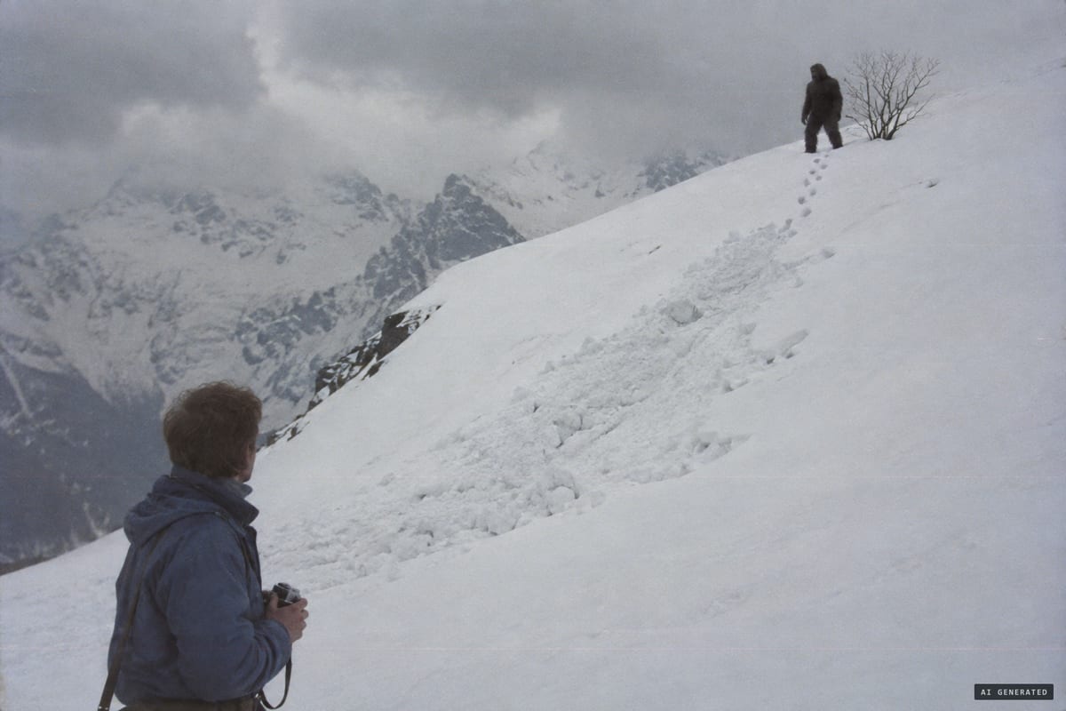 March 1986, below Hemkund, India: Anthony Wooldridge photographs a motionless, upright dark figure behind a shrub on an avalanche slope. A year later he concluded it was a rock.