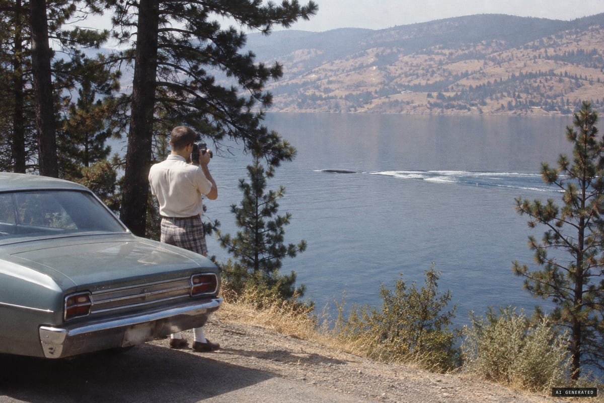 Summer 1968: from Highway 97 near Peachland, B.C., Art Folden films a dark object throwing a large wake on calm Okanagan Lake as it dives and resurfaces farther from shore.