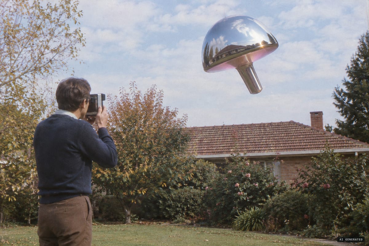 Balwyn, Melbourne, 2 April 1966, 2:21 pm: James Kibel photographs a mirror-like, mushroom-shaped object tipping above his parents' garden moments before it shot away north.