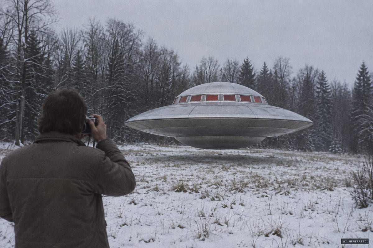 28 January 1975, Frecht nature reserve near Hinwil, Switzerland: Billy Meier said this 7-metre disc with red windows came out of the clouds and landed silently in the clearing in front of him.