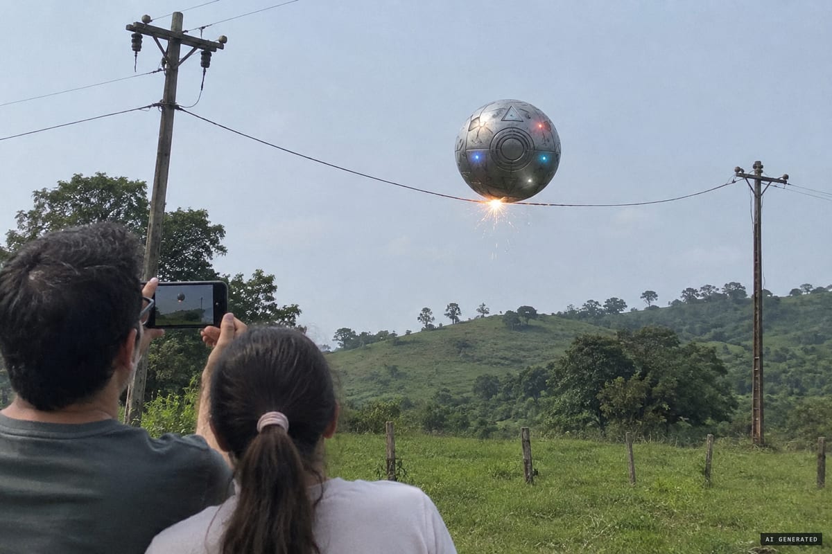 Alto Bonito, Buga, Colombia, March 2, 2025: witnesses film a bowling-ball-sized metallic sphere giving off colored lights as it descends and sparks against a 10,000-volt power line.