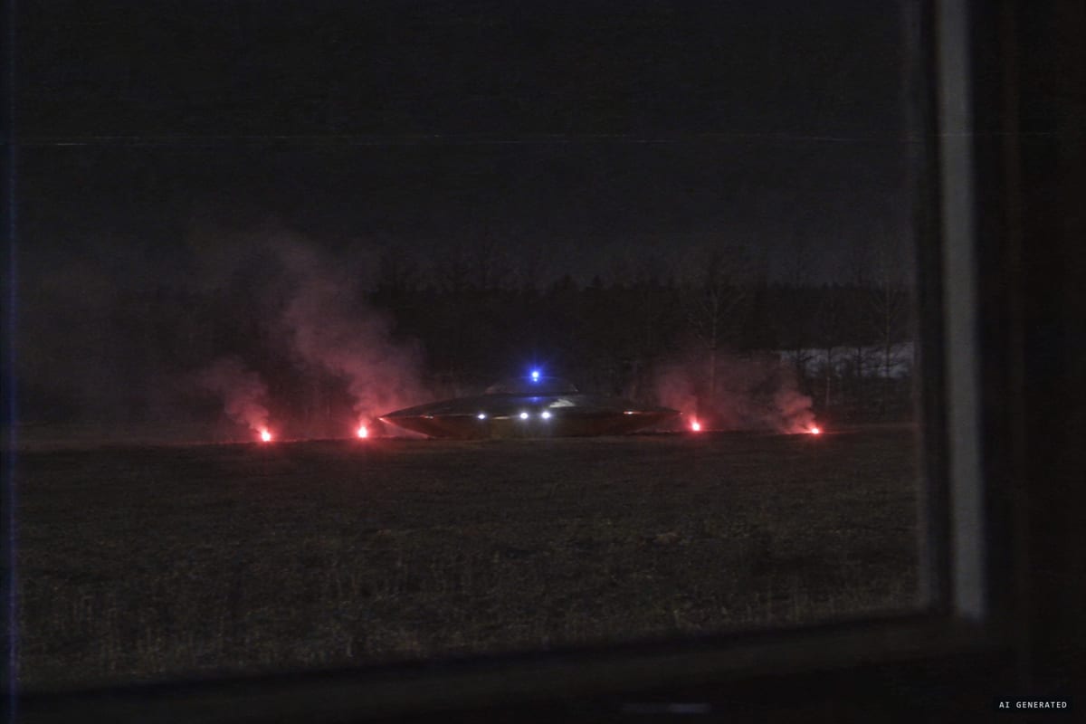 Near Carp, Ontario, 18 August 1991: a saucer-shaped craft with bright lights and a flashing blue strobe was reported resting in a dark field beside four red flares.