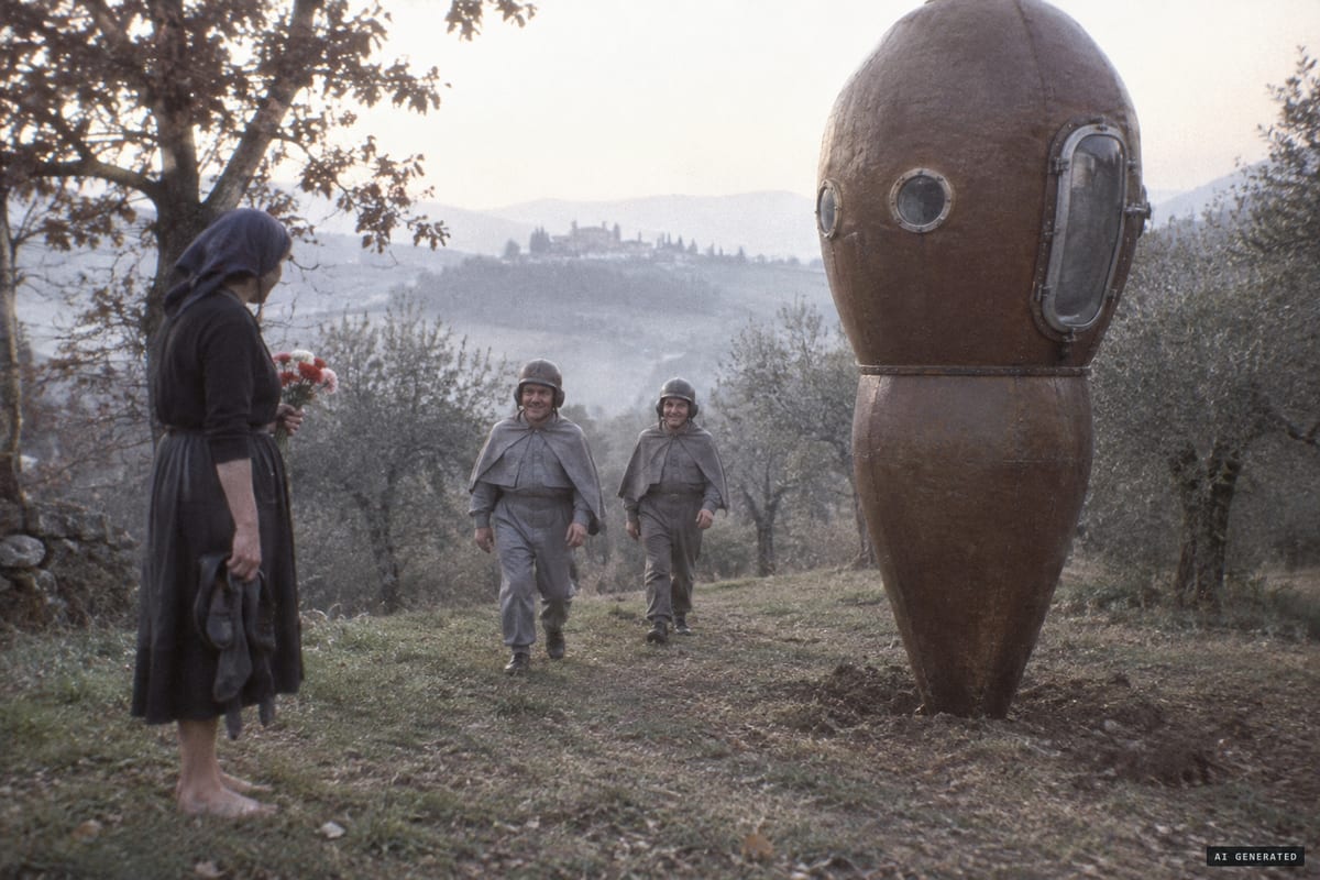 Rosa Lotti Dainelli meets two small, smiling beings beside their brown spindle-shaped craft on the path to Cennina, Tuscany, at dawn on 1 November 1954.