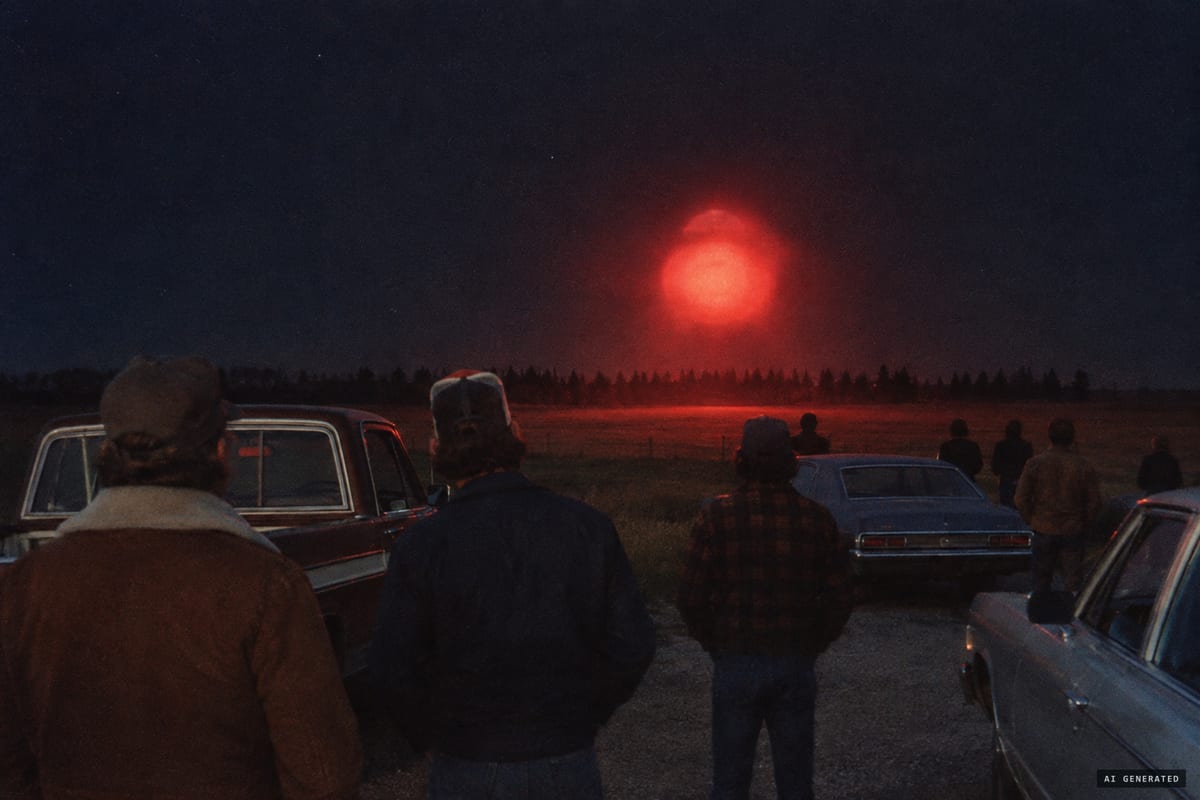 Spring 1975, near Carman, Manitoba: witnesses at the Diemert farm airfield watch the pulsing red light they called 'Charlie Redstar' hover over the treeline.
