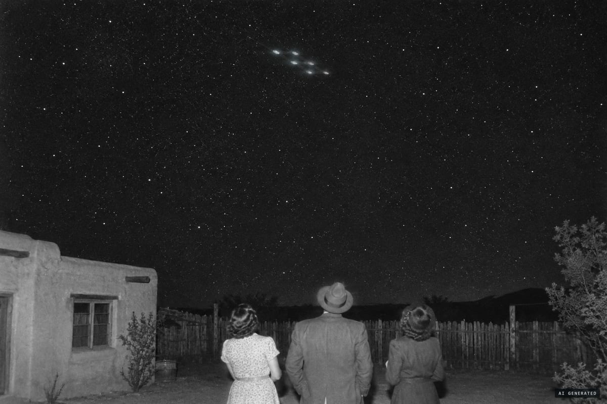 Las Cruces, New Mexico, August 20, 1949: astronomer Clyde Tombaugh, his wife and his mother-in-law watch a silent formation of faint bluish-green rectangles cross the night sky in about three seconds.