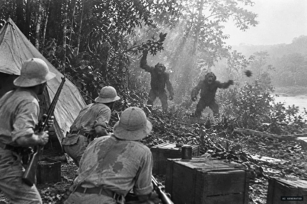Venezuela, 1917: two tall, tailless, ape-like creatures advance howling on François de Loys's survey camp by a tributary of the Tarra River, breaking branches as they come.
