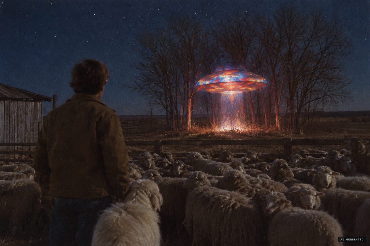 Delphos, Kansas, 2 November 1971: Ronald Johnson, 16, sees a glowing toadstool-shaped object hovering a few feet above the ground in a grove of trees on his family's sheep farm.
