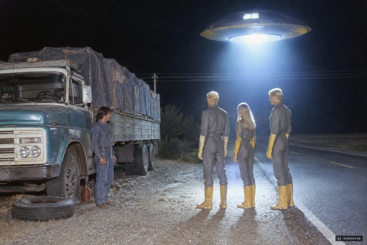 Route 3 near Bahía Blanca, 28 October 1973: truck driver Dionisio Llanca reported that a silent plate-shaped craft hovered above him in bluish light while three blond beings watched him as he stood unable to move.
