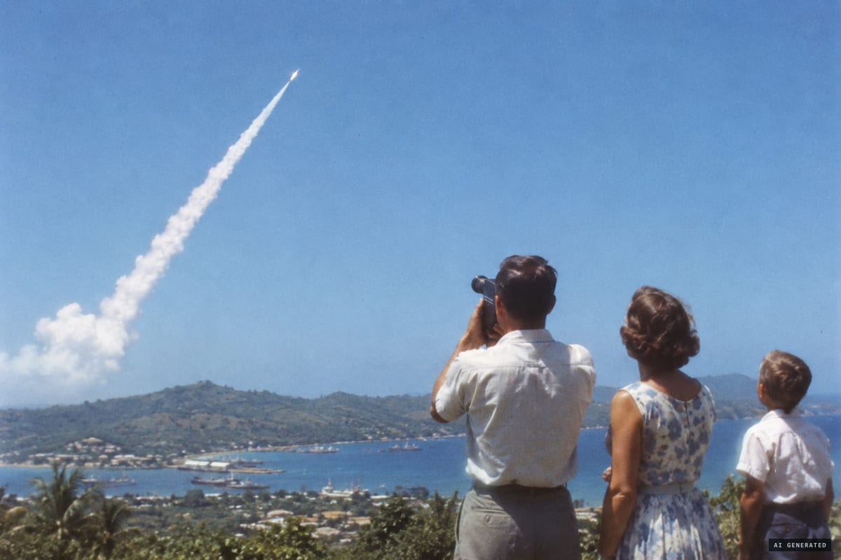 Port Moresby, 23 August 1953: a small, silent silver 'dart' shoots out of a lone cloud and climbs away with a white vapour trail as Tom Drury films it and his wife and son watch.