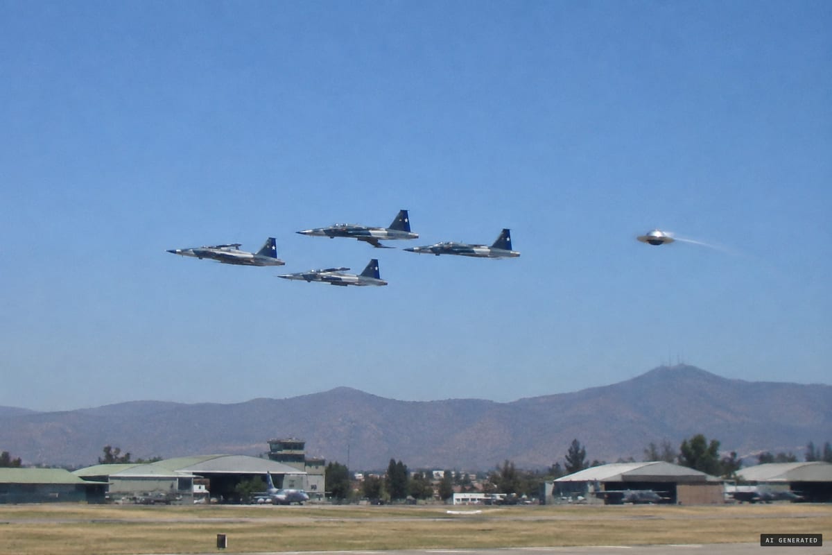 El Bosque Air Base, Santiago, 5 November 2010: a dome-shaped object with a flat bottom, later found on spectators' video, flies past Chilean Air Force jets at their height during the command-change flypast.