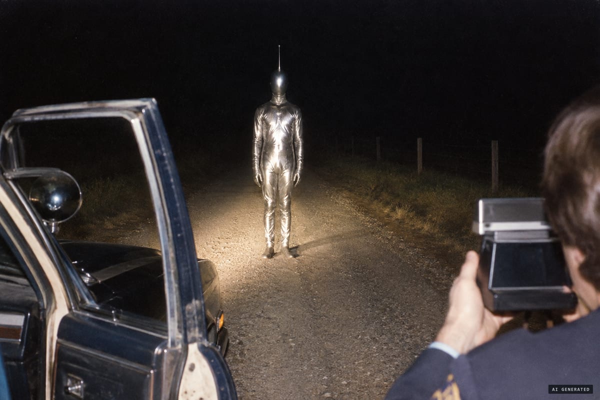 Falkville, Alabama, October 17, 1973: Police Chief Jeff Greenhaw reported meeting a silent figure in a shiny metallic suit with an antenna on its head on a gravel road at night, and he photographed it with a Polaroid before it ran away.