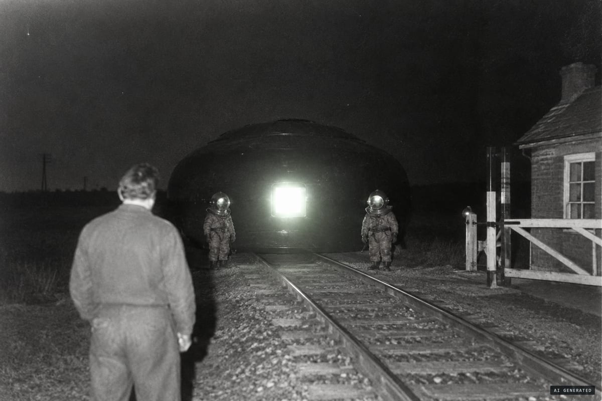 Quarouble, France, 10 September 1954: Marius Dewilde's flashlight picks out a dark craft on the railway track and two small helmeted figures in diving suits, moments before a beam of light leaves him unable to move.