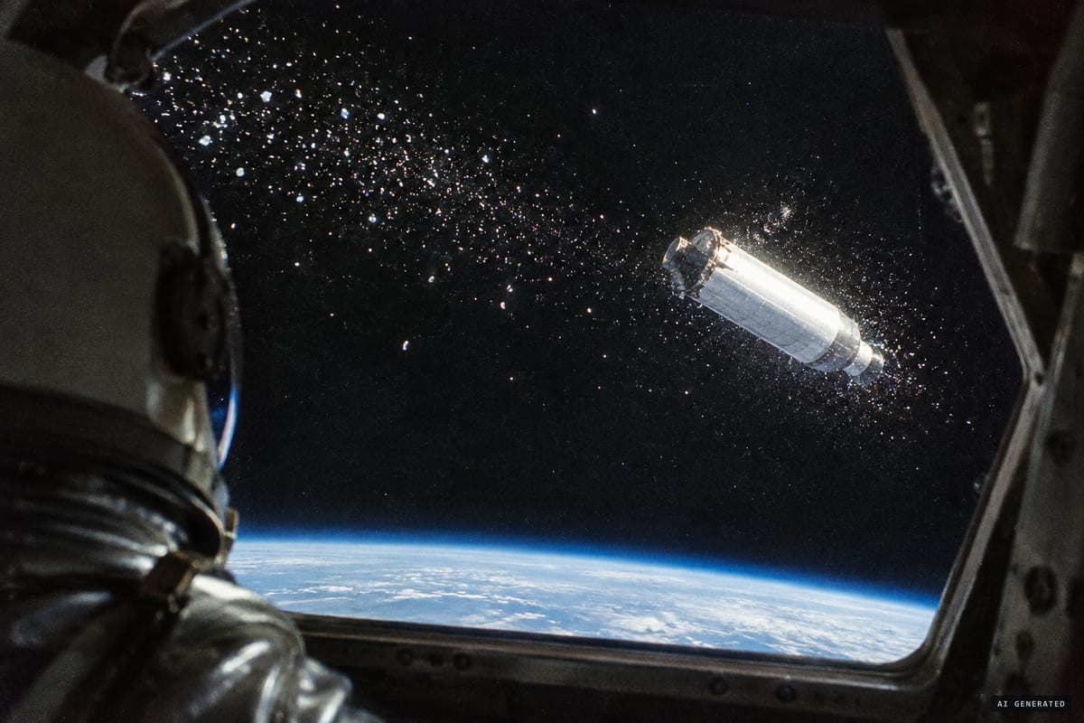 December 4, 1965: Gemini 7 astronauts Frank Borman and Jim Lovell report a 'bogey at ten o'clock high', hundreds of particles passing three or four miles away, while the sunlit Titan II booster tumbles at two o'clock.