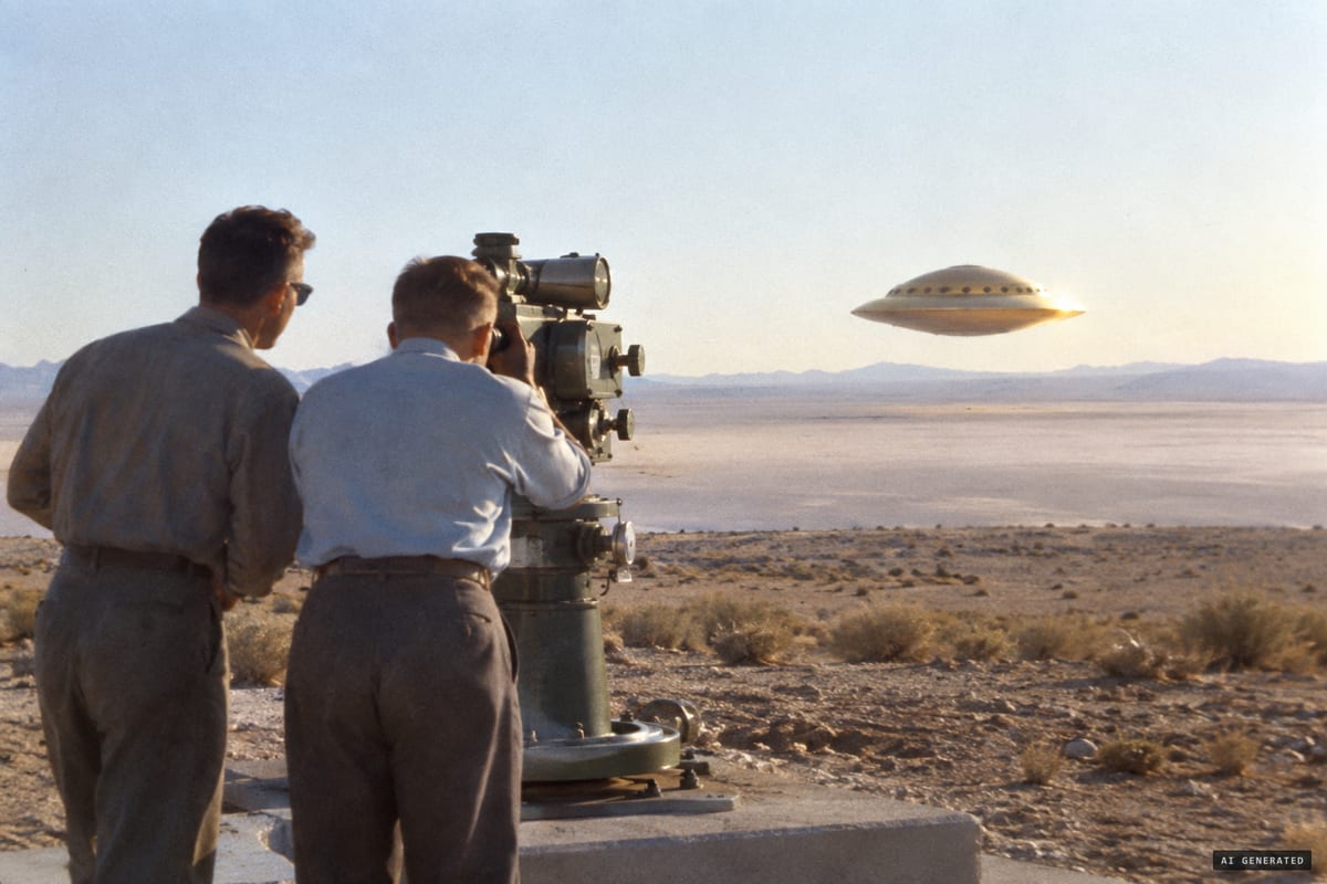 Edwards AFB, California, May 1957: camera operators James Bittick and John Gettys track a golden domed saucer with ports around its dome, about 100 feet across and roughly a mile away, in the northern morning sky.