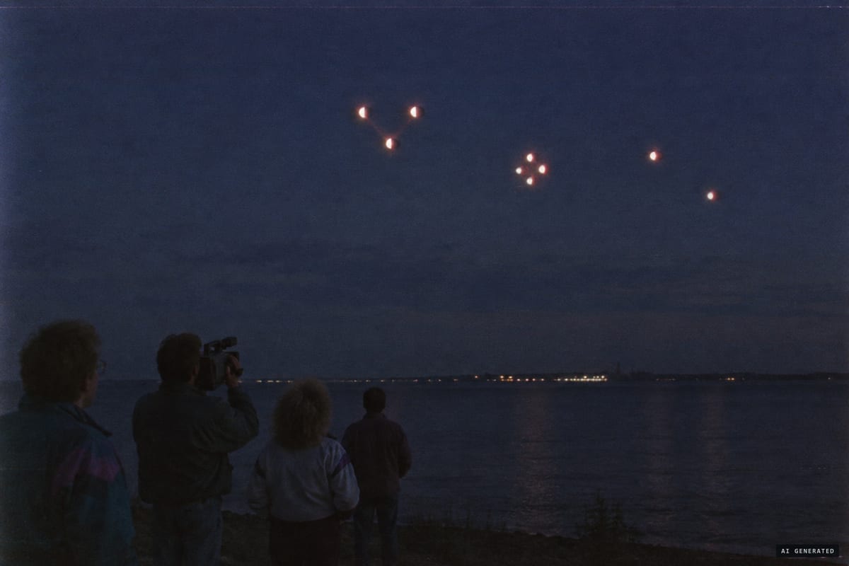 Greifswalder Bodden, GDR, 24 August 1990: witnesses on the shore watch and film seven glowing spheres hovering silently in formation over the Baltic.