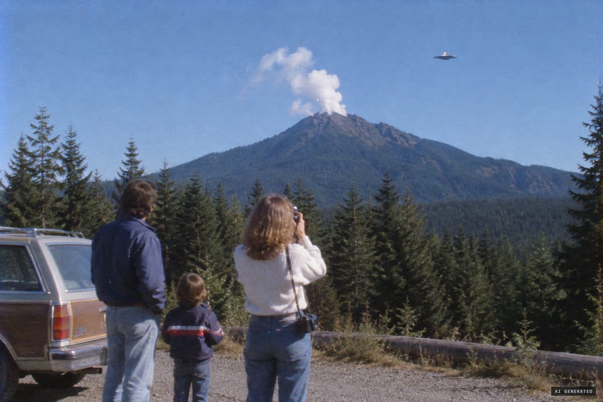 Vancouver Island, October 8, 1981: a disc-shaped object, unnoticed until the film was developed, shows up above a cloud-topped mountain peak in Hannah McRoberts' photograph.