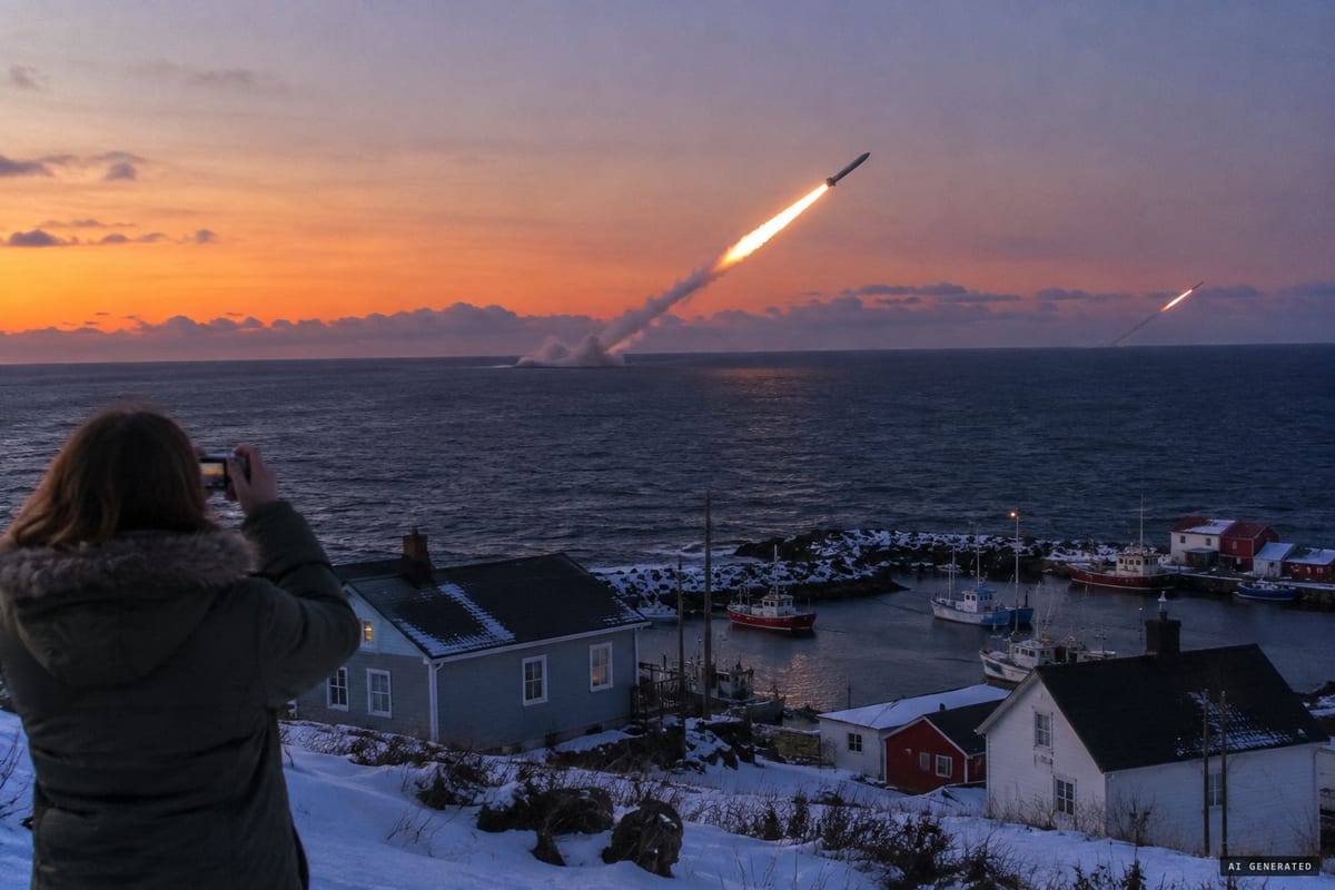 Harbour Mille, Newfoundland, January 25, 2010: residents watch one of three or four silent, missile-like objects trailing fire and smoke that seemed to rise from the ocean at sunset.