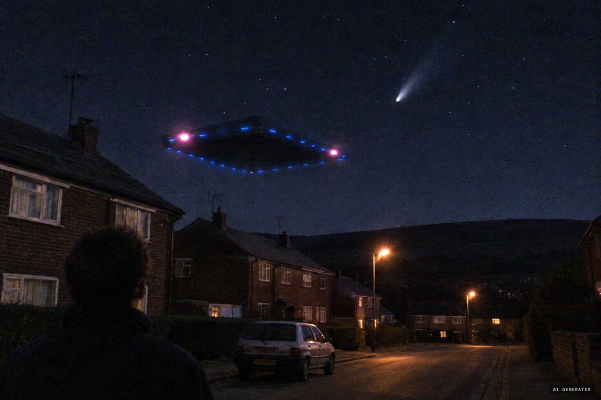 Dronfield, near Sheffield, 24 March 1997: a witness reported a triangle with its corners cut off, with two pink lights on the front and blue lights all around, moving slowly just above the rooftops toward the moors minutes before an explosion was heard on Howden Moor.