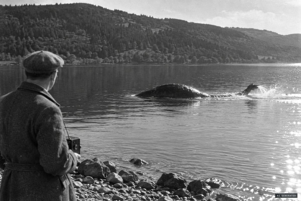 Loch Ness, 12 November 1933: Hugh Gray photographs a large headless object that rose two to three feet out of the calm loch near Foyers, its tail-like end in motion, before it sank out of sight.