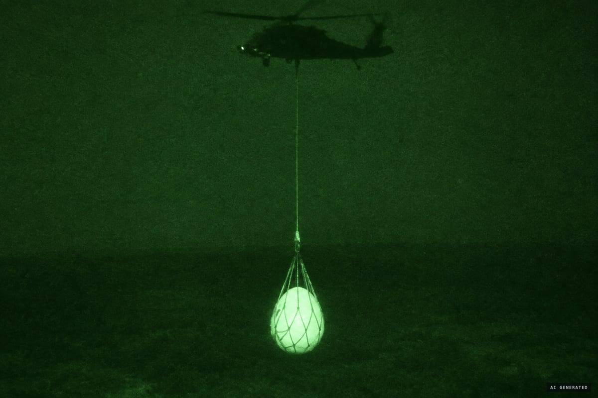 Generated recreation inspired by the independently obtained night-vision clip shown during NewsNation's Jake Barber special. It depicts a white egg-shaped object in a cargo net beneath a helicopter. The clip has not been shown to record Barber's own retrieval.