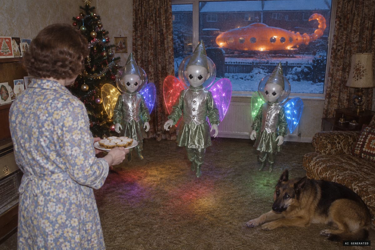 Rowley Regis, 4 January 1979: Jean Hingley reported that three winged beings in transparent helmets floated into her home from an orange craft in her snowy garden, and she offered them mince pies.