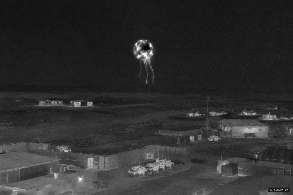 Al-Taqaddum Air Base, Iraq, 2017: an aerostat's thermal camera films a jellyfish-shaped object with three dangling appendages drifting across the base at night, its heat signature shifting between black and white.