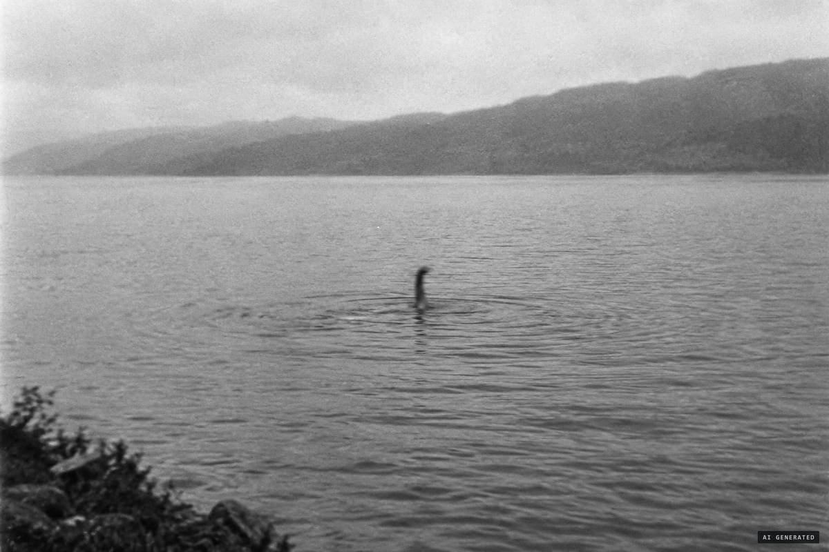 Loch Ness, April 1934: the small head and swan-like neck that Robert Kenneth Wilson reported rising about three feet above the water, two or three hundred yards offshore. In 1994 the image was confessed to be a hoax made with a toy submarine.