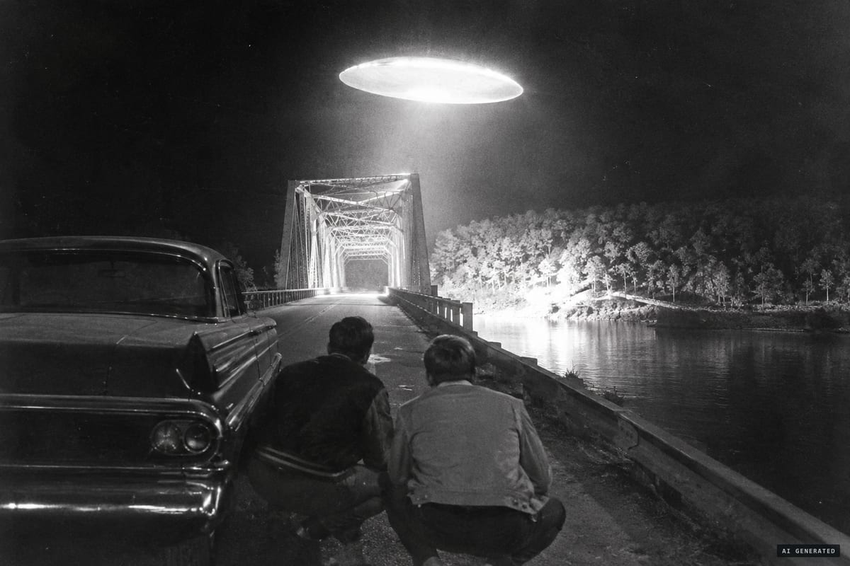 October 26, 1958, Loch Raven Reservoir, Maryland: Philip Small and Alvin Cohen take cover behind their stalled car as a glowing egg-shaped object above the bridge gives a brilliant white flash that they felt as heat.