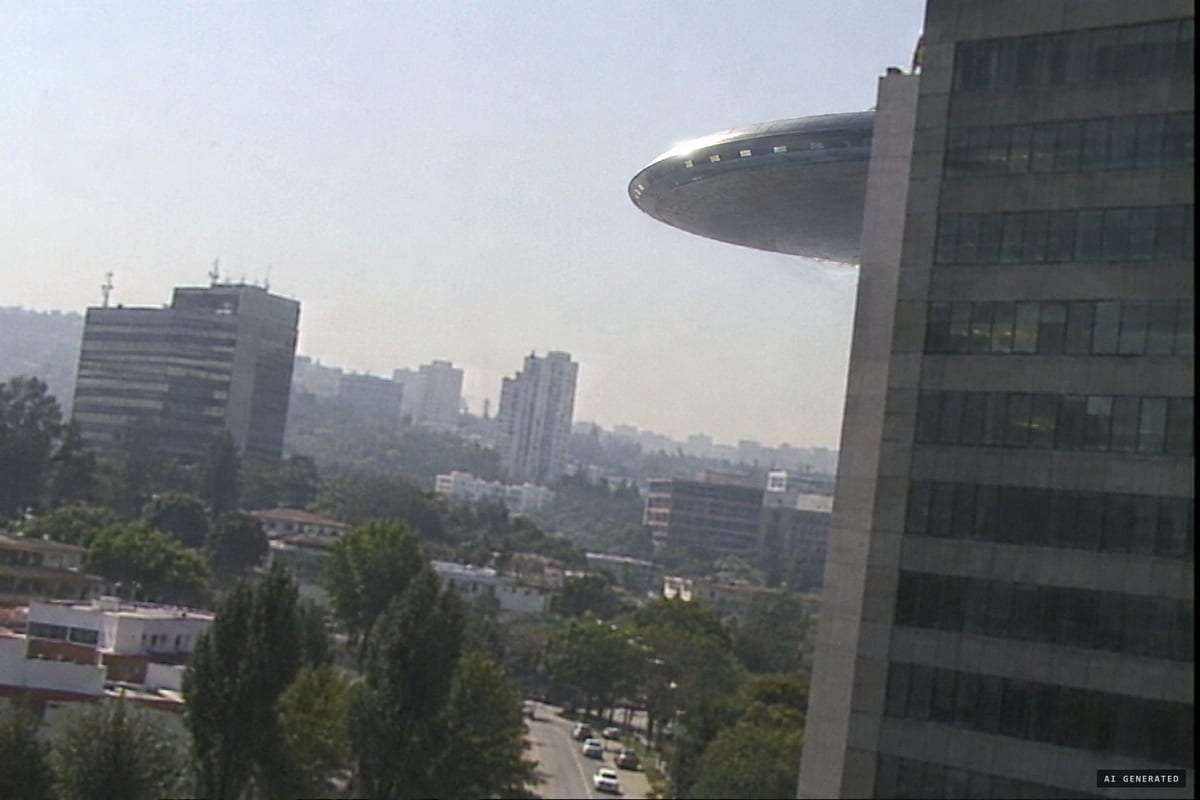 Bosques de las Lomas, Mexico City, 6 August 1997: a handheld camera records a metallic disc hovering and wobbling among high-rise buildings in daylight. Later analysts judged the footage a hoax.
