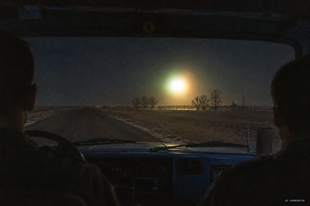 Minot AFB, North Dakota, 24 October 1968: maintenance technicians reported a large glowing ball of light, shifting from white to dim green and amber, pacing their truck through the Minuteman missile field.