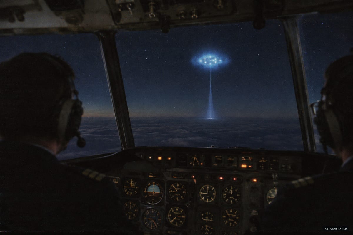 7 September 1984, near Minsk: an Aeroflot Tu-134A crew watches a glowing sky-blue cloud that appeared to pace their airliner after it sent a beam of light down to the ground.