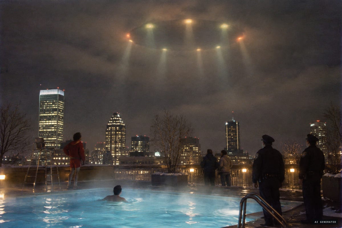 Montreal, 7 November 1990: witnesses on the Hôtel Bonaventure rooftop pool deck watch a silent ring of glowing lights with beams hover over Place Bonaventure for nearly three hours.