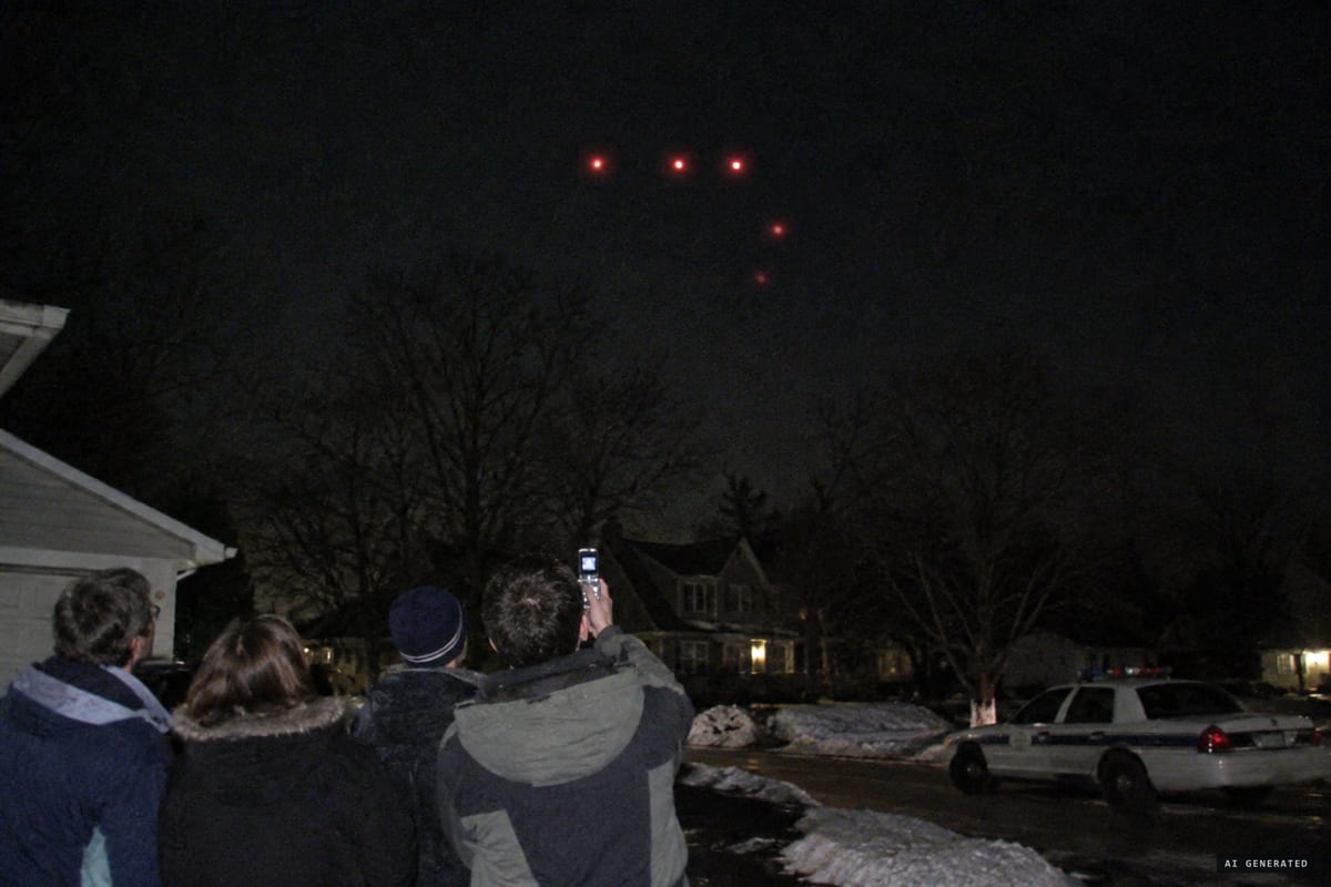 January 5, 2009: five red lights in an L-shaped formation over Morris County, New Jersey, later revealed as flares tied to helium balloons.