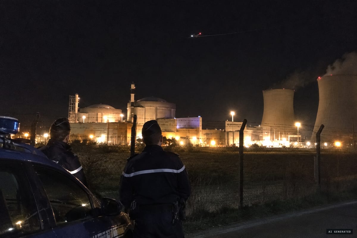 October 2014: gendarmes watch a small drone showing a steady white light and a blinking red light cross the restricted airspace over the Bugey nuclear power plant, one of 19 French sensitive sites overflown that autumn.