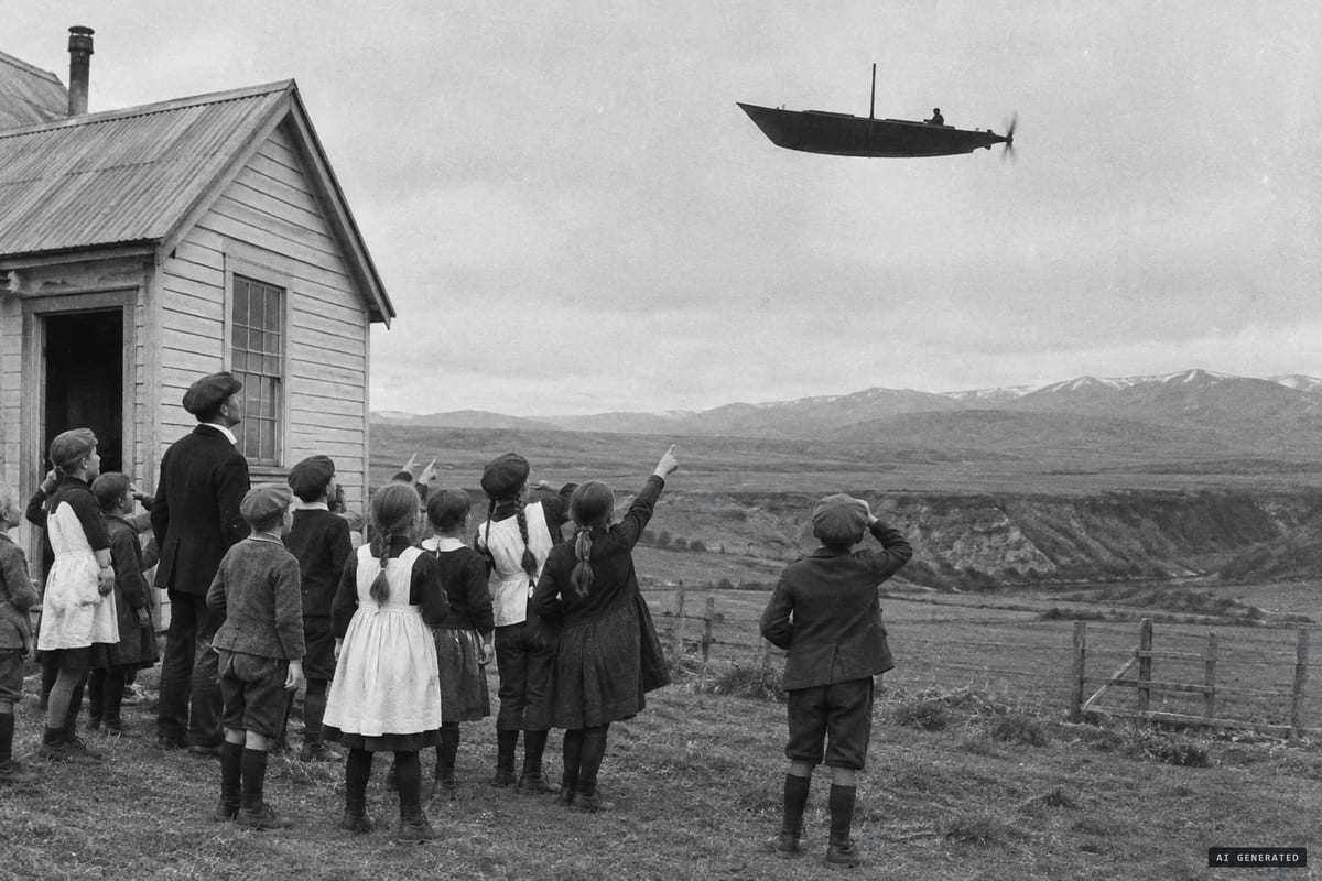 Kelso, West Otago, noon, 23 July 1909: schoolchildren watch a black, boat-shaped airship with a mast and a rear propeller hover over the plain before it sails off towards the Blue Mountains.