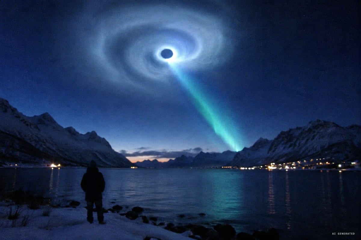 9 December 2009, northern Norway: witnesses see a rotating white spiral with a dark centre open out from the end of a blue-green beam in the pre-dawn sky.