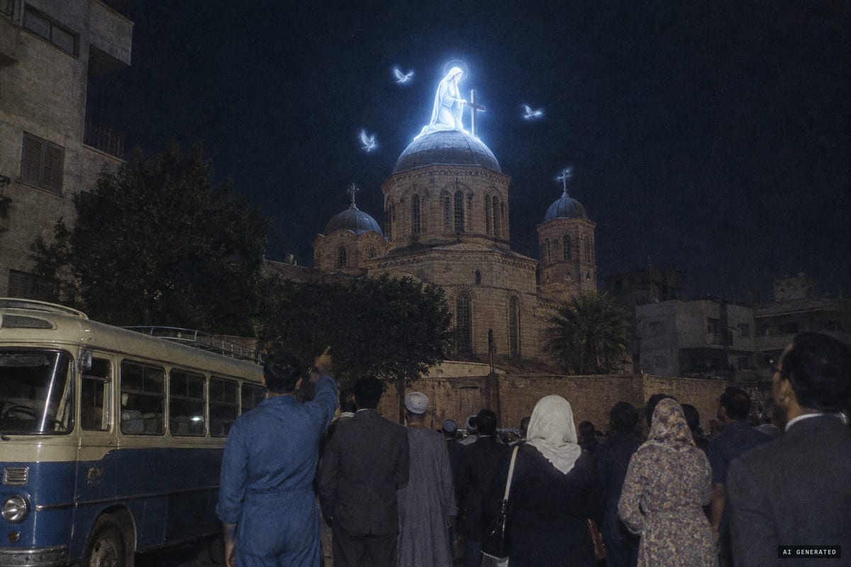 Zeitoun, Cairo, 2 April 1968: witnesses report a luminous woman in white kneeling beside the cross on the dome of St. Mary's Coptic Orthodox Church.