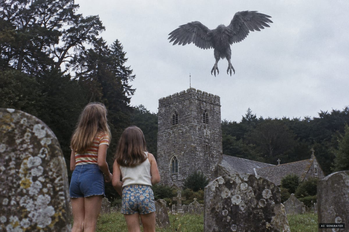 Easter 1976, Mawnan, Cornwall: June and Vicky Melling reported a large feathered winged figure hovering just above the church tower.