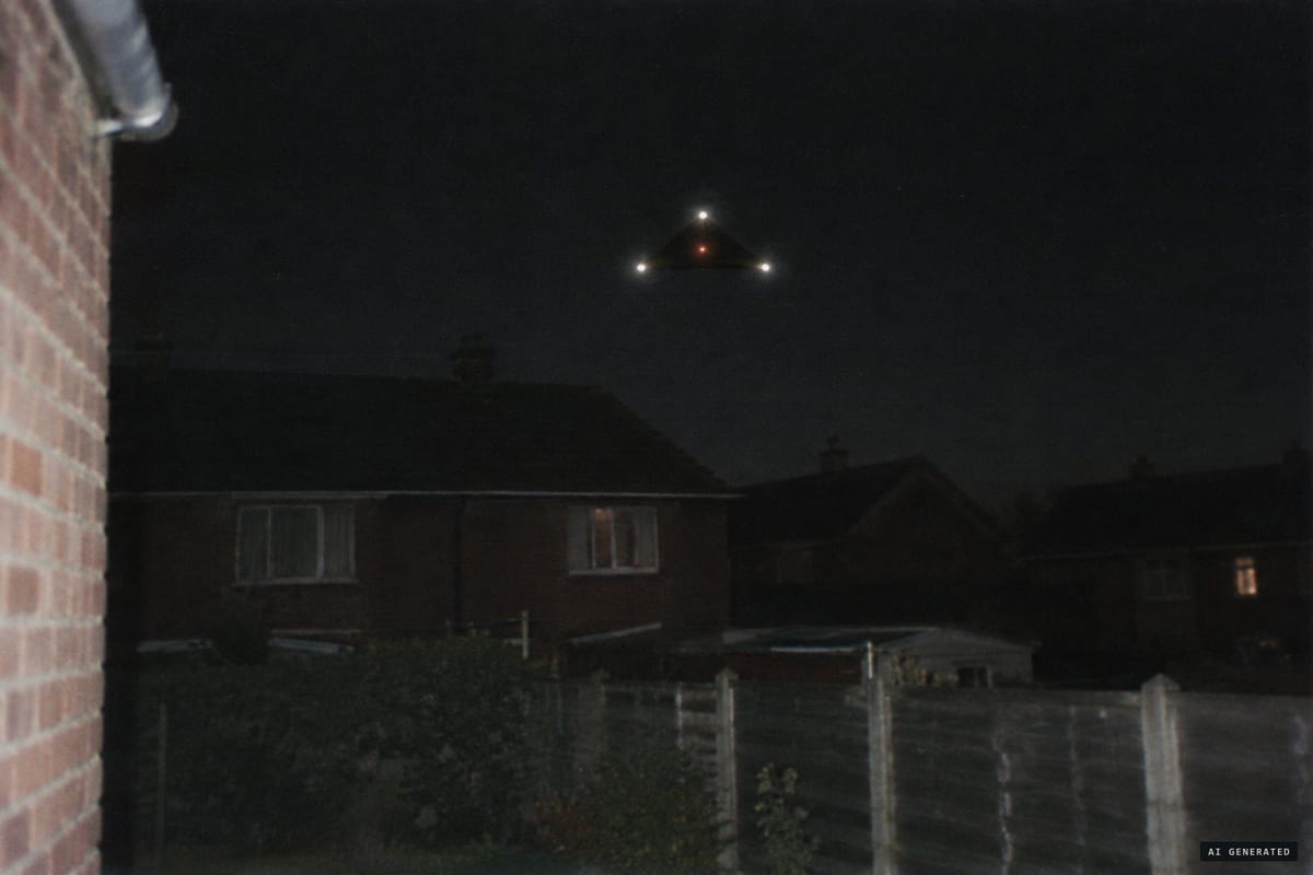 Petit-Rechain, Belgium, April 1990: the slide of a black triangle with three bright corner lights and a reddish centre light. It became the defining image of the Belgian UFO wave, and in 2011 the photographer said it was a styrofoam model.