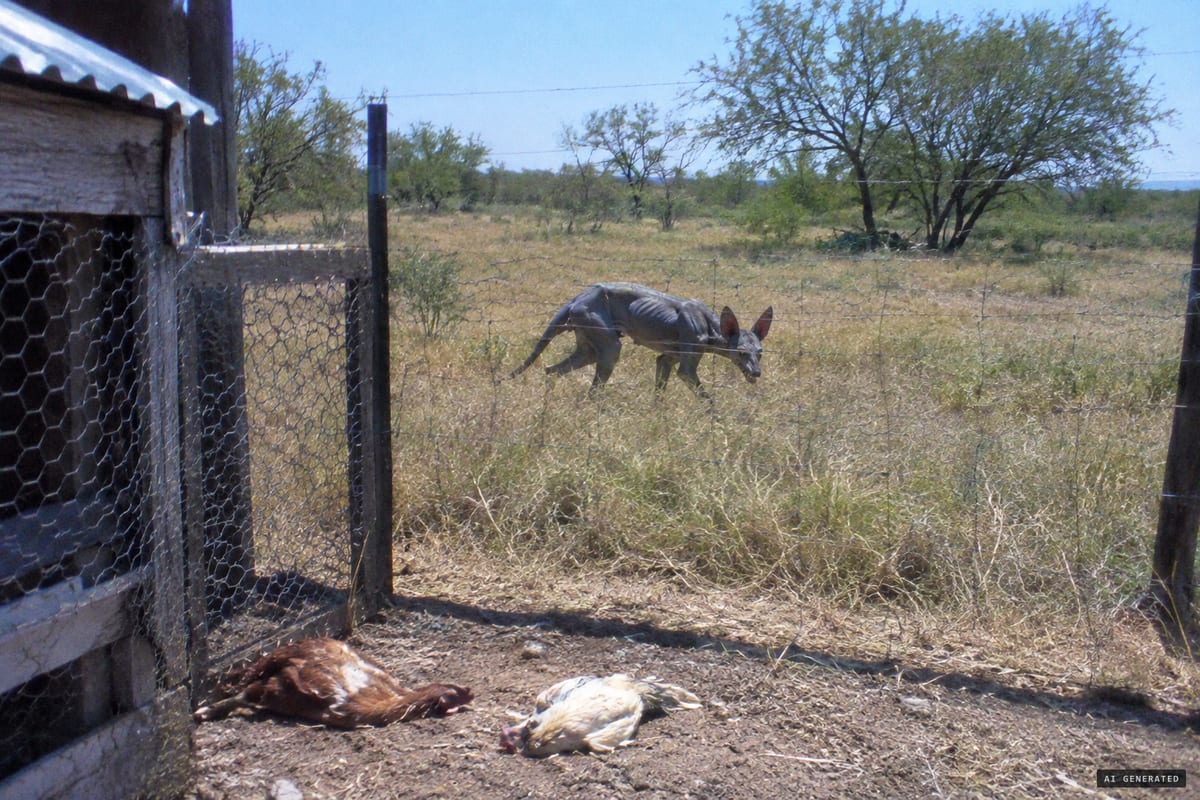 Cuero, Texas, June 2007: Phylis Canion reported seeing a hairless, blue-grey dog-like creature crossing her ranch pastures in daylight while her chickens were being found drained of blood.