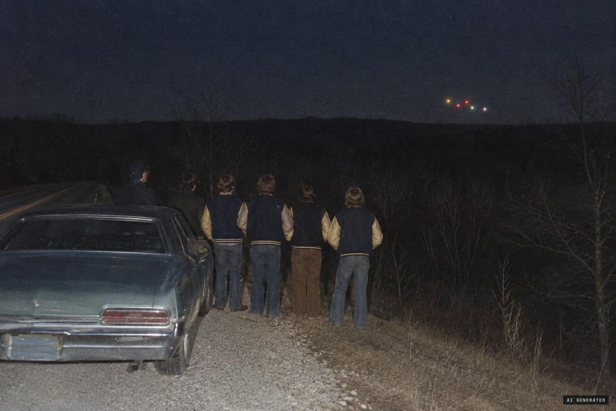 February 21, 1973, near Piedmont, Missouri: Coach Reggie Bone and five of his basketball players watch flashing red, green, amber and white lights hover silently above the trees along Route 60.