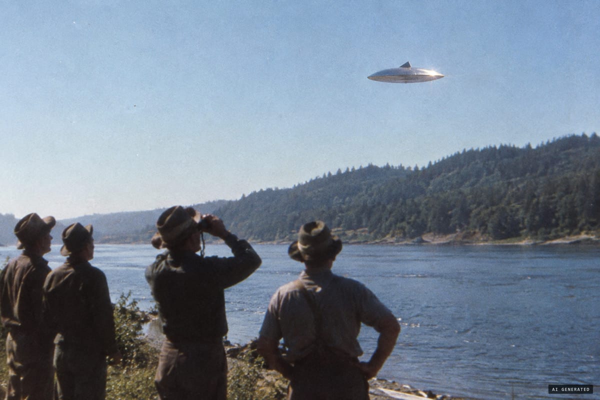 Rogue River, Oregon, 24 May 1949: five witnesses watch a silent, metallic, pancake-shaped object with a triangular fin before it accelerates away, one of the best unknowns in Project Blue Book Special Report No. 14.