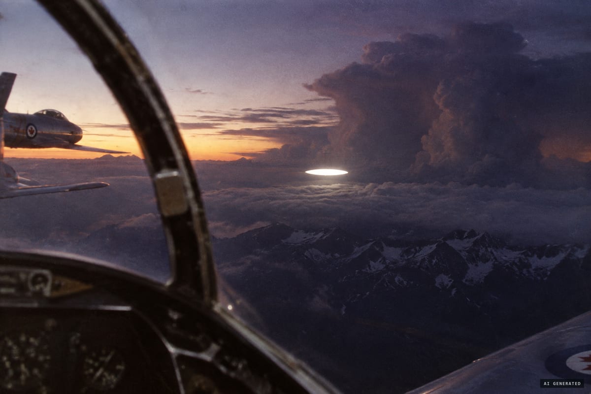 27 August 1956, near Fort Macleod, Alberta: from his Sabre at 36,000 feet, RCAF pilot R. J. Childerhose sees a bright, stationary silver disc of light beside a thunderstorm and photographs it on a single Kodachrome slide.