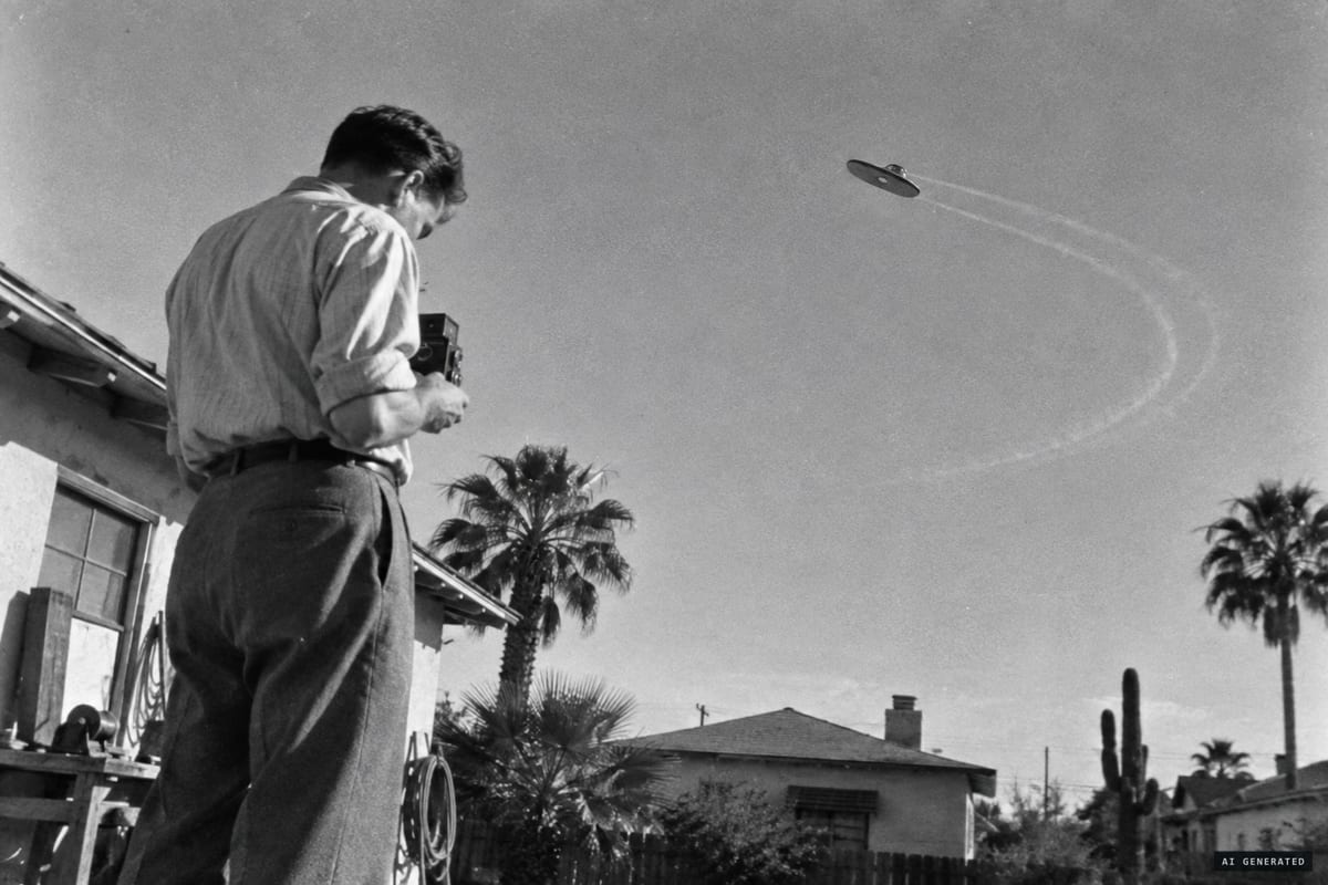 Phoenix, Arizona, 7 July 1947: William Rhodes photographs a gray, shoe-heel-shaped object with a hole in its center as it circles silently over his home.