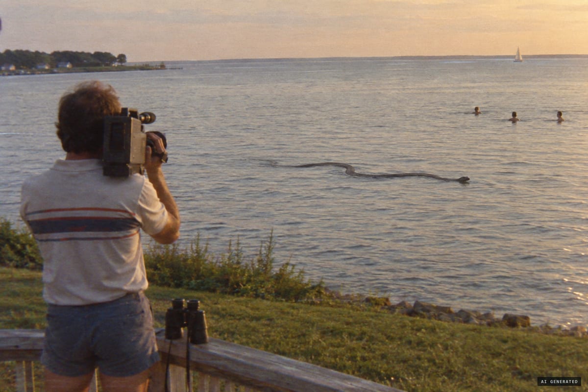 Love Point, Kent Island, Maryland, May 31, 1982: Robert Frew videotapes a long, dark, serpentine creature with a round head as it swims toward swimmers in the Chesapeake Bay.