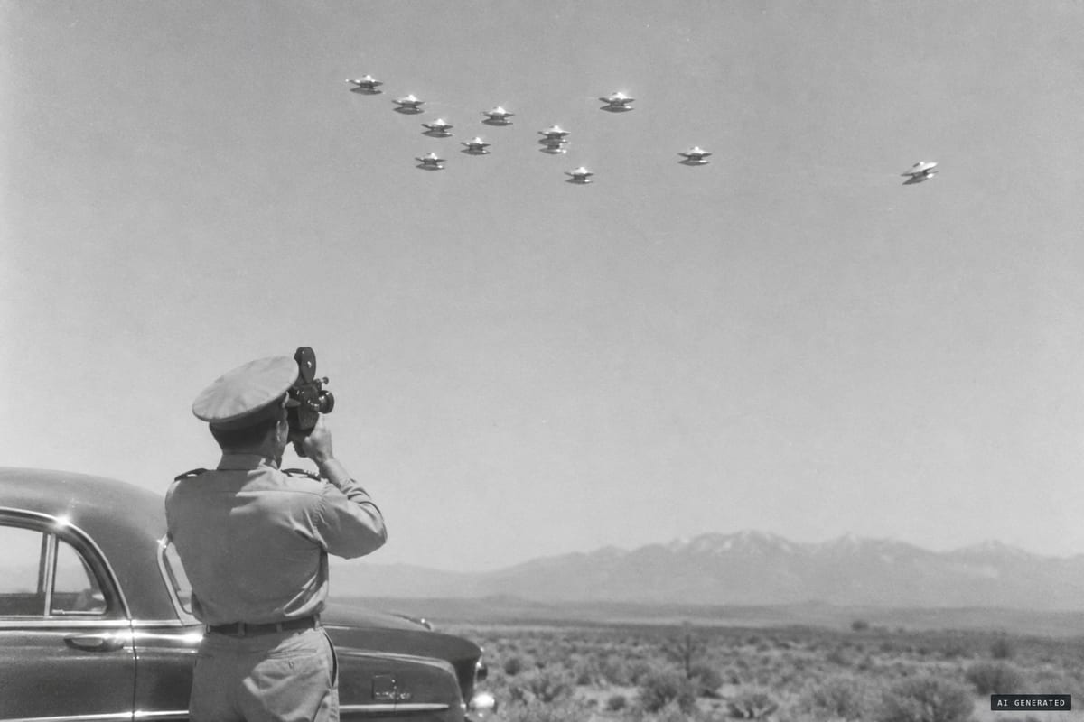 Near Tremonton, Utah, 2 July 1952: Navy Chief Warrant Officer Delbert Newhouse films about a dozen bright silvery objects moving west in loose formation. The CIA's Robertson Panel later judged the film to show birds.