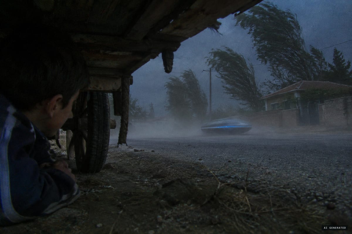 Roskovec, Albania, 4 May 2006: witnesses said a grey oval object with a thin blue line landed on the road for four to five seconds as the evening turned suddenly dark and windy, and that it left three black circles in the asphalt.